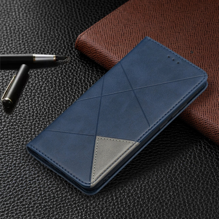 Blue rhombus-pattern leather flip phone case with card slot and magnetic closure
