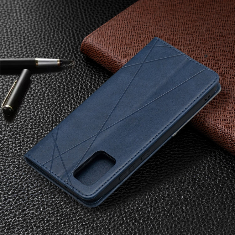 Blue rhombus-pattern leather flip phone case with cutout for camera and card slot