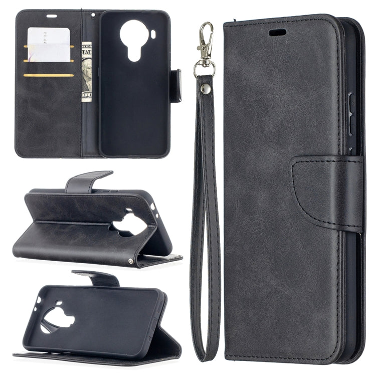 Black flip phone wallet case with card slots, holder, and wrist lanyard strap