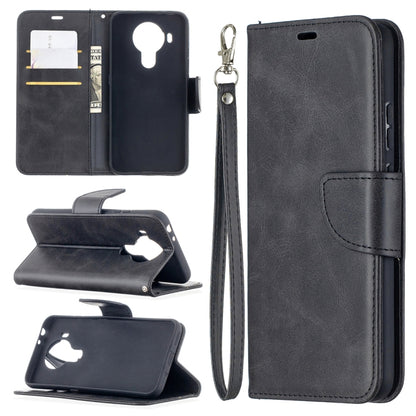 Black flip phone wallet case with card slots, holder, and wrist lanyard strap