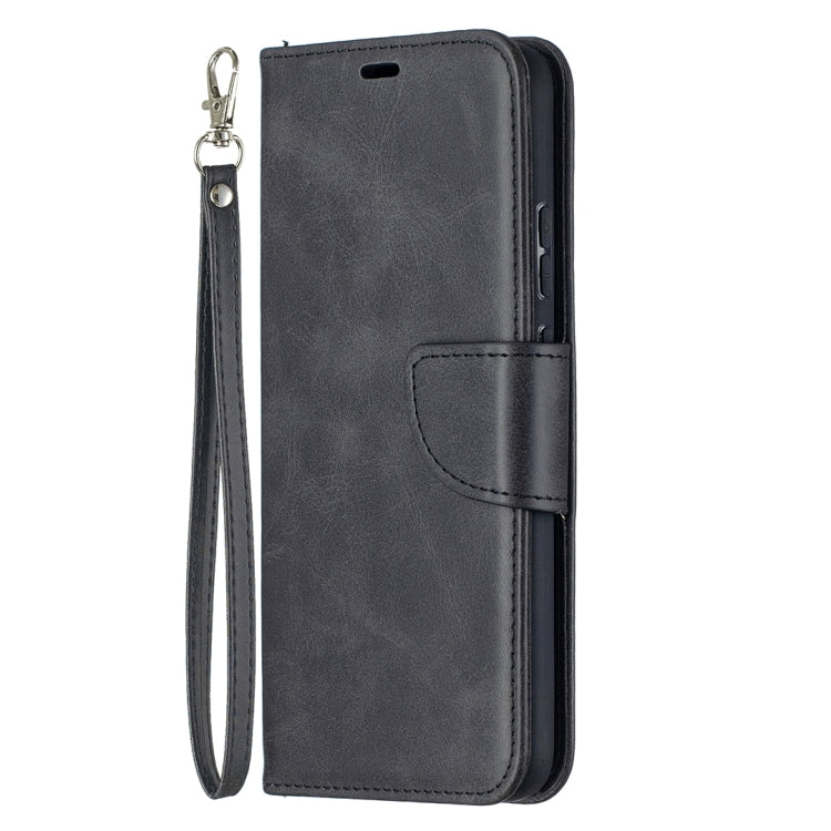 Black flip phone wallet case with folio cover, card holder pocket, and wrist lanyard