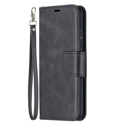 Black flip phone wallet case with folio cover, card holder pocket, and wrist lanyard