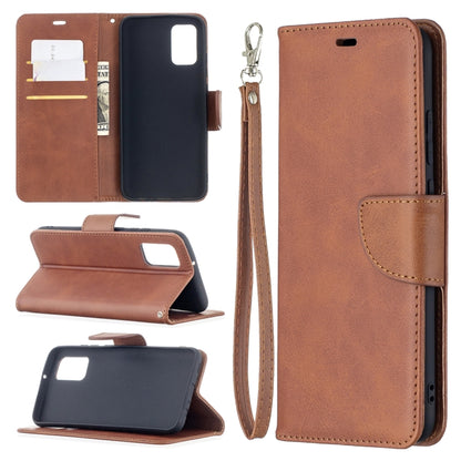 Brown flip phone wallet case with card slots, phone holder, and wrist lanyard