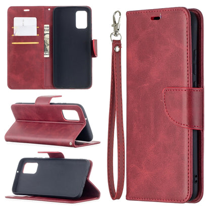 Red flip PU leather phone wallet case with card slots and wrist strap