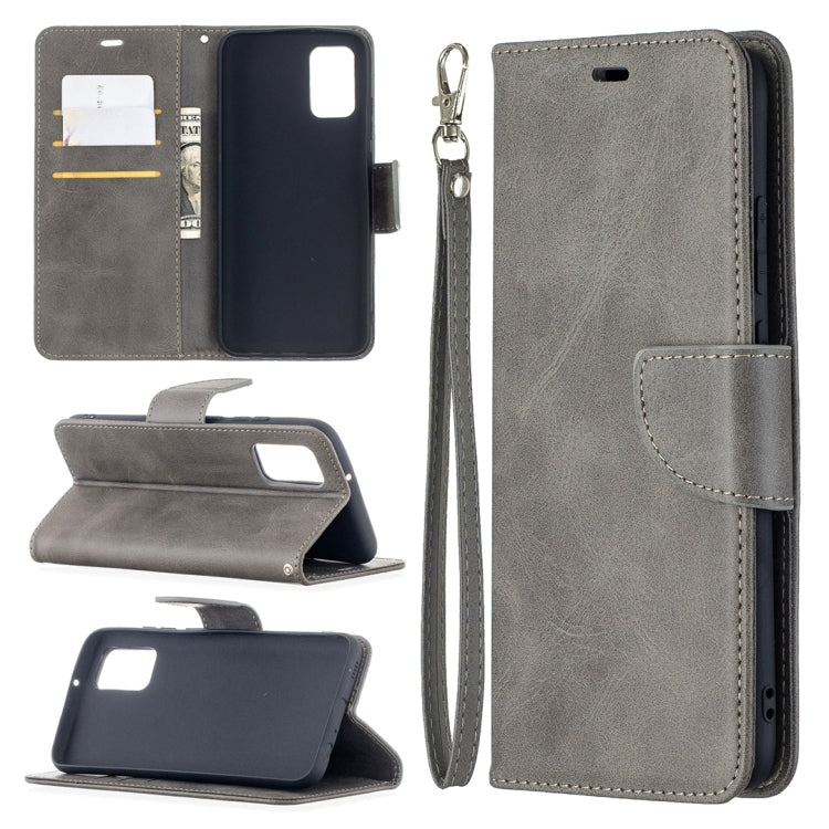 Gray flip PU leather phone wallet case with card slots and wrist strap