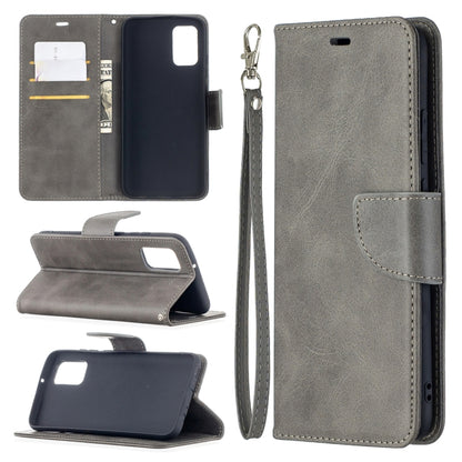Gray flip PU leather phone wallet case with card slots and wrist strap