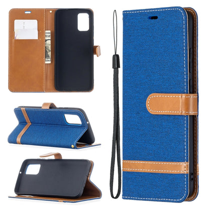 Denim-textured flip leather phone case with card slots and wrist strap, blue