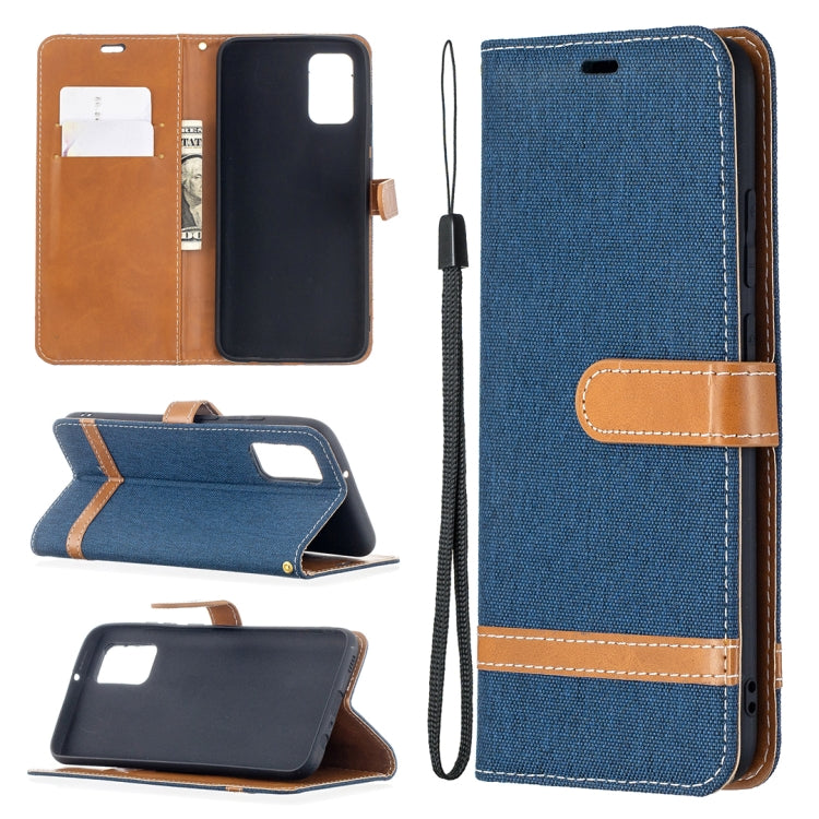 Denim-textured flip leather phone case with card slots and wrist strap, dark blue