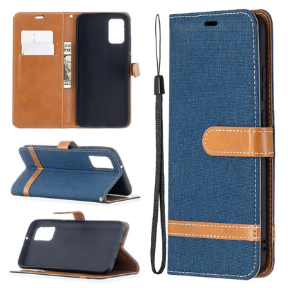 Denim-textured flip leather phone case with card slots and wrist strap, dark blue