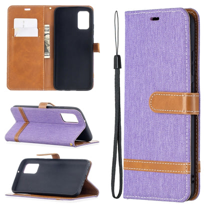 Denim-textured flip leather phone case with card slots and wrist strap, purple