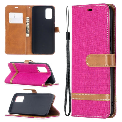 Denim-textured flip leather phone case with card slots and wrist strap, magenta