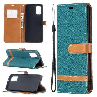 Denim-textured flip leather phone case with card slots and wrist strap, green