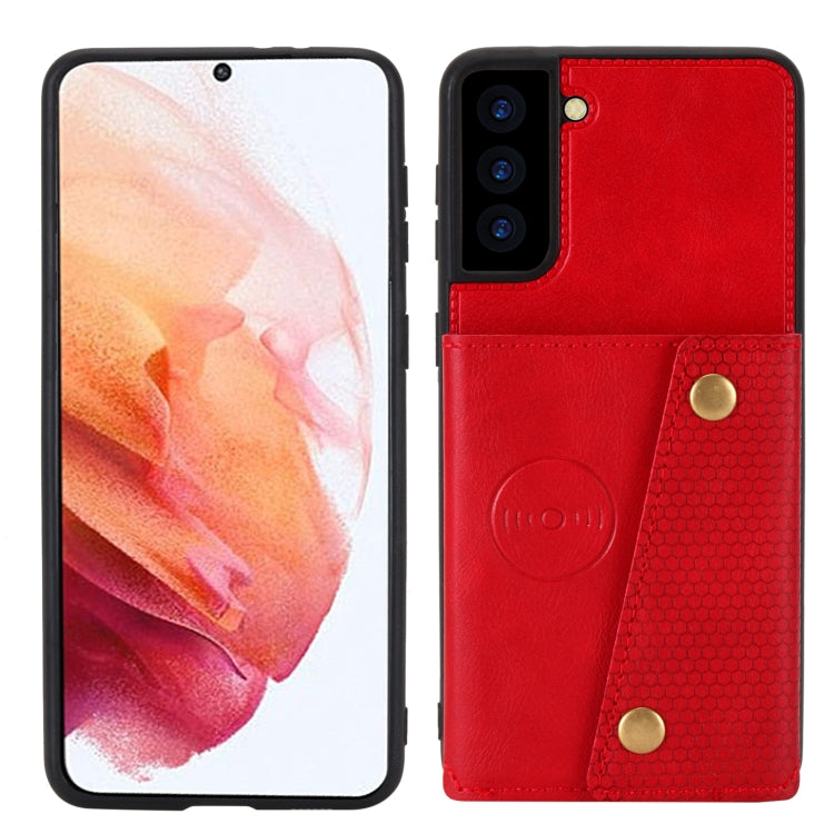 Red folio phone case with card slot; back cover protects camera area with gold snap button.