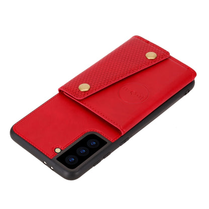 Red folio-style phone case with magnetic flap and textured back panel; cover folded as stand.