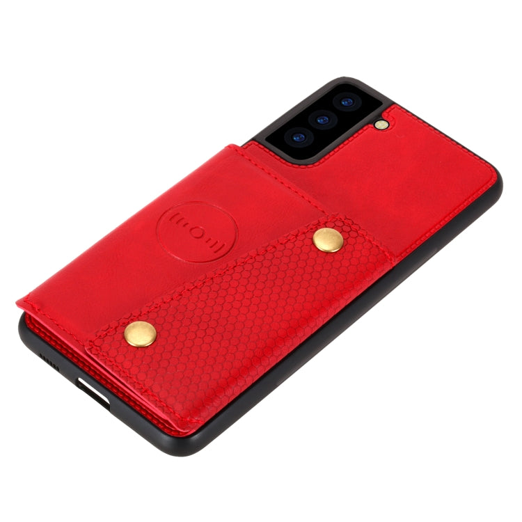 Red PU/TPU protective phone case with textured grip panel and gold snap closure points.