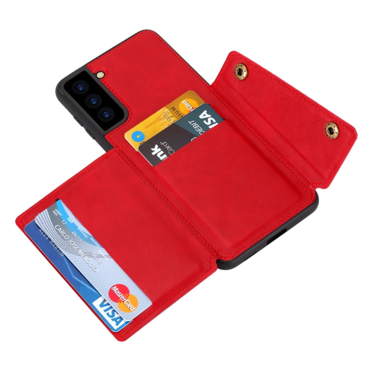 Red magnetic wallet phone case open to card slot, holding cards inside the folio.