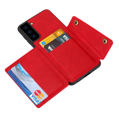 Red magnetic wallet phone case open to card slot, holding cards inside the folio.