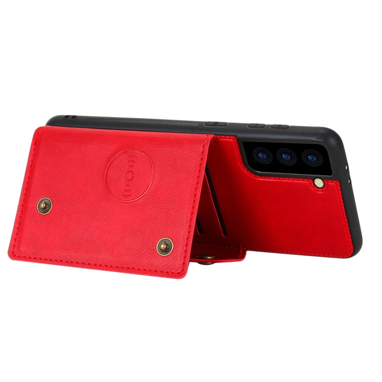 Red flip phone case with card pocket flap and gold hardware; back camera cutout visible.