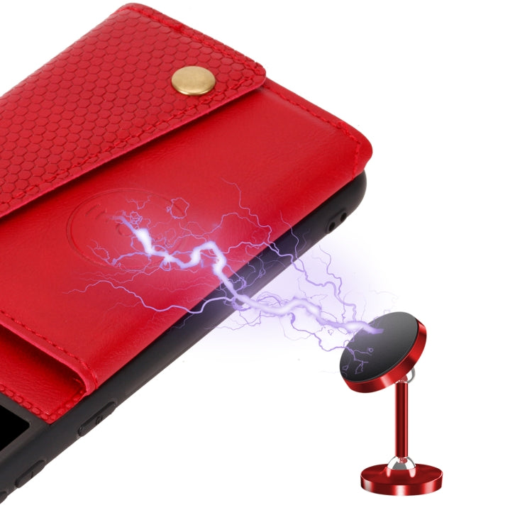 Red folio phone case corner with textured panel and gold snap; protective edge profile.