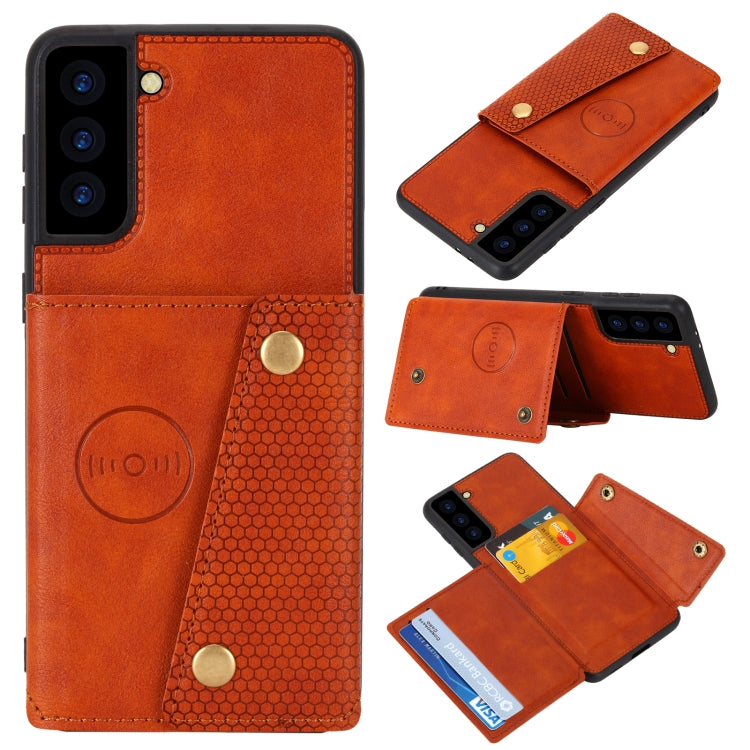 Brown magnetic protective phone case with card slot; textured panel and gold snap hardware.