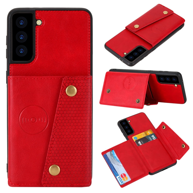 Red magnetic protective phone case with card slot; front, back, and open card-holder views.