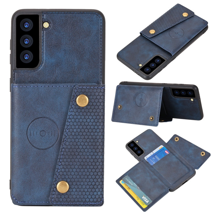 Protective phone case with magnetic flap and card holder, dark blue PU with card sleeve flap.