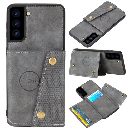 Protective phone case with magnetic flap and card holder, gray PU with double button closure.