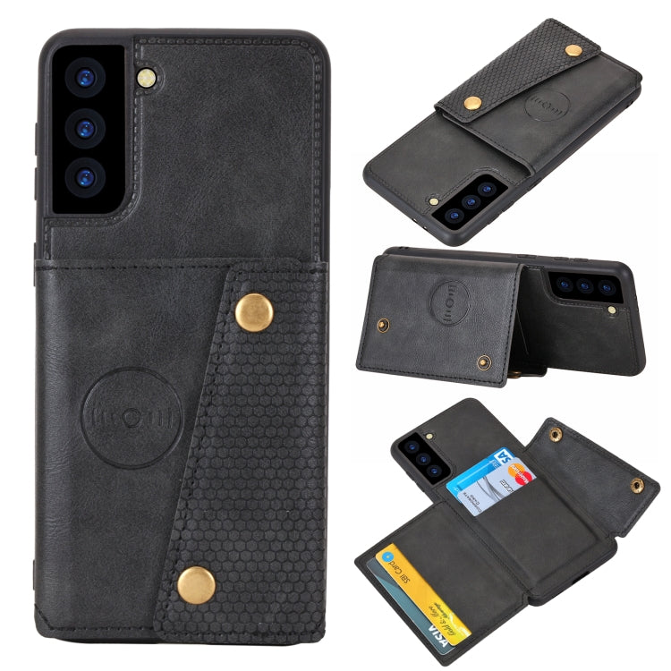 Protective phone case with magnetic flap and card holder, black PU with card sleeve flap.