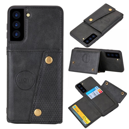 Protective phone case with magnetic flap and card holder, black PU with card sleeve flap.