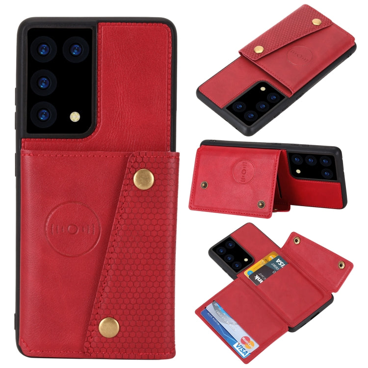 Red magnetic folio phone case with card slot and stand-style flap; multiple angles shown.