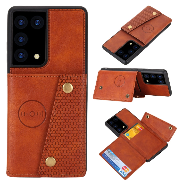 Protective phone case with magnetic flap and card holder, brown PU with double buckle detail.