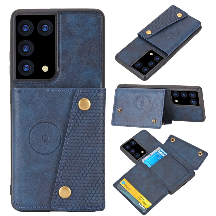 Protective phone case with magnetic flap and card holder, blue PU with double buckle buttons.