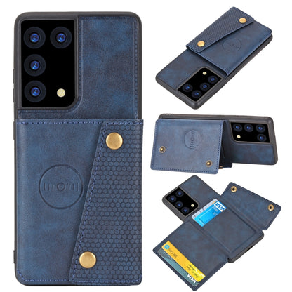 Protective phone case with magnetic flap and card holder, blue PU with double buckle buttons.