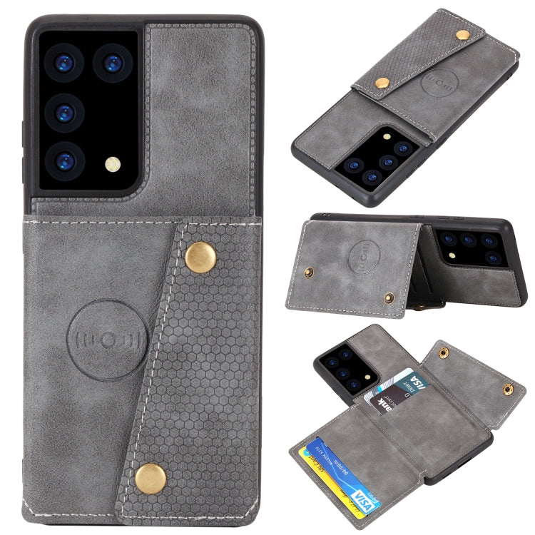 Protective phone case with magnetic flap and card holder, light gray PU with card sleeve.