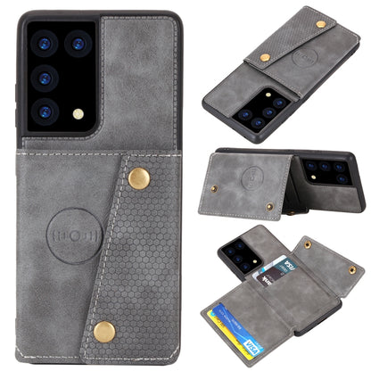 Protective phone case with magnetic flap and card holder, light gray PU with card sleeve.