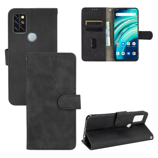 Black PU leather magnetic flip phone case with buckle, card slots, and holder