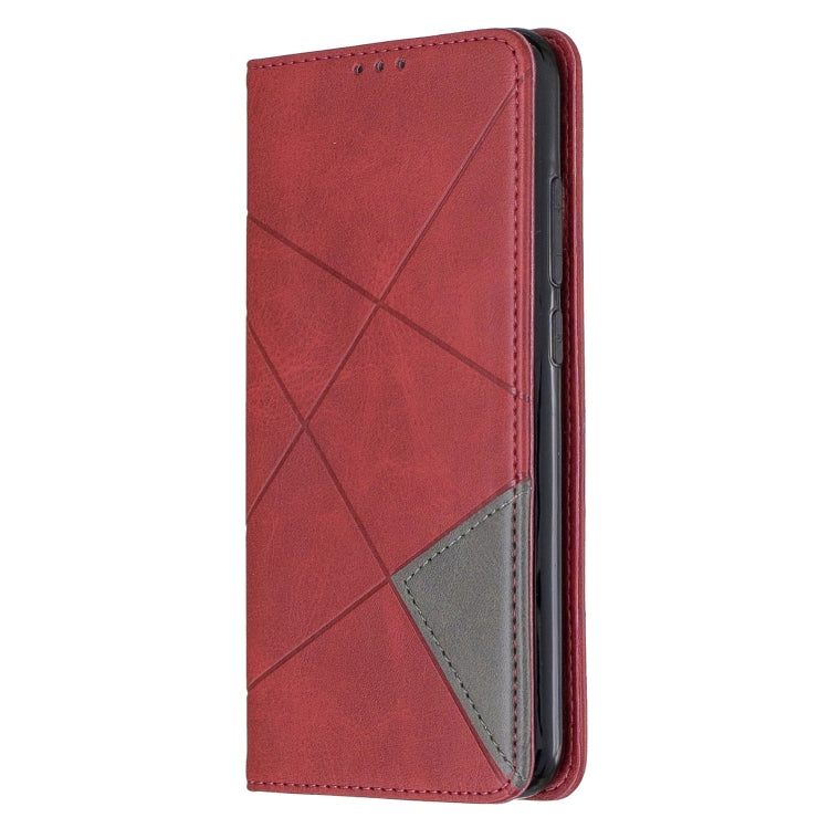 Red folio phone case with rhombus texture and gray accent card pocket