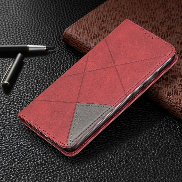 Red folio phone case with rhombus texture, flip cover, and gray card pocket insert