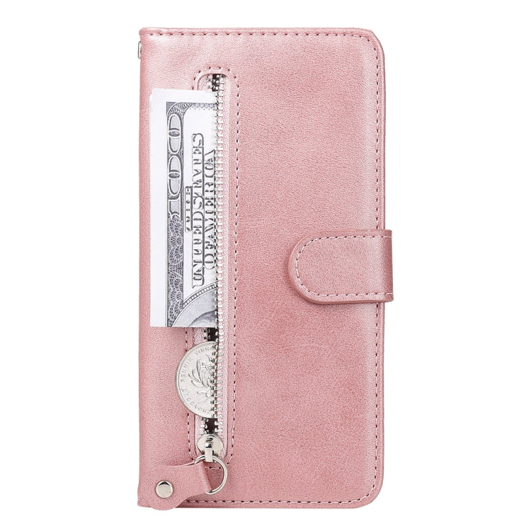 Rose gold wallet phone case with visible zip pocket and card slots inside