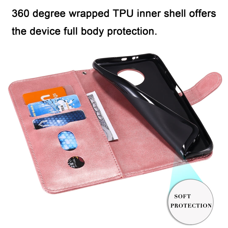 Rose gold leather wallet phone case with card slots and phone in protective cover