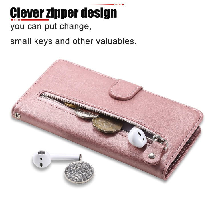 Rose gold zipper phone case wallet with long zip pocket and AirPods-style cutouts