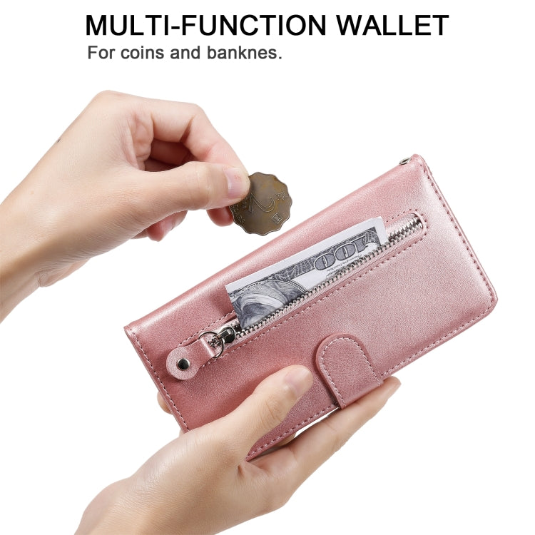 Rose gold multi-function wallet phone case with zip coin pocket and card slots