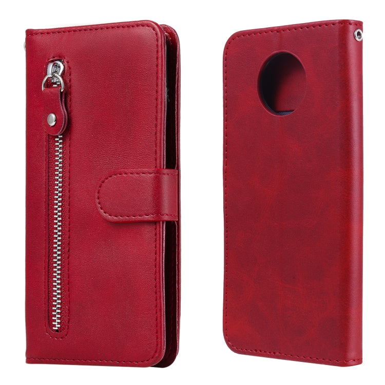 Red zipper flip leather phone case with card holder and side zipper pocket