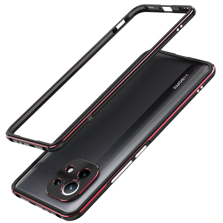 Protective phone case with metal frame and lens protector, black with red trim