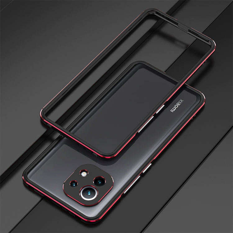Protective phone case with metal frame and lens protector, black with red accent