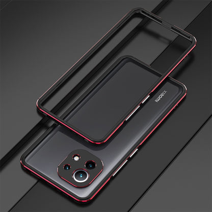 Protective phone case with metal frame and lens protector, black with red accent