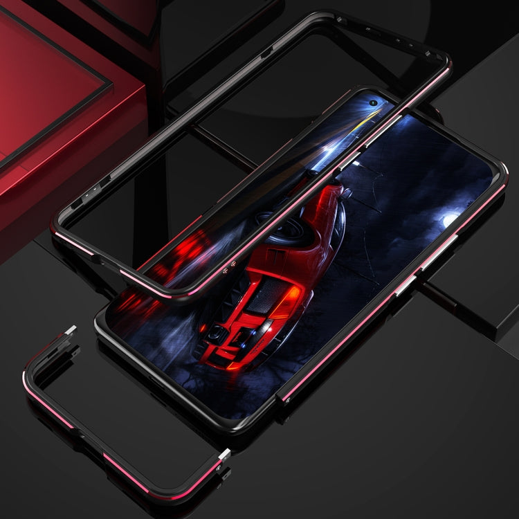 Protective phone case with metal frame and lens protector, black with red trim