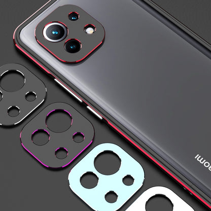 Protective phone case with metal frame and lens protector, silver with red trim
