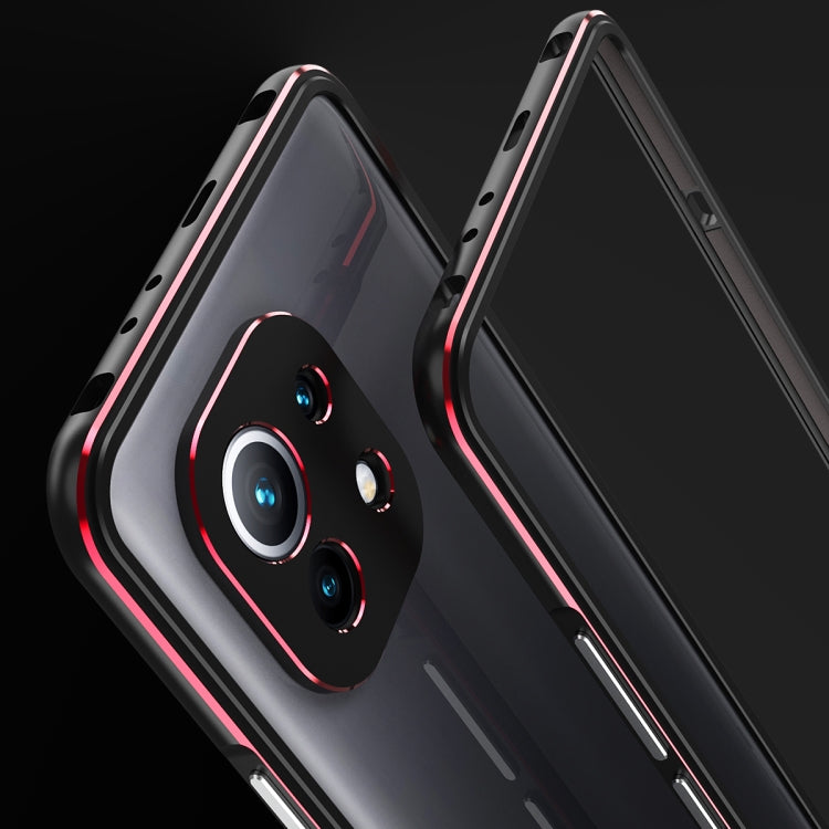 Protective phone case with metal frame and lens protector, silver with red edge