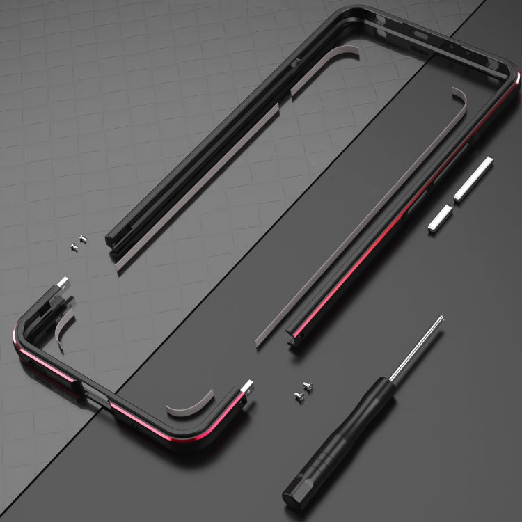 Protective phone case with metal frame and lens protector parts, black with red trim